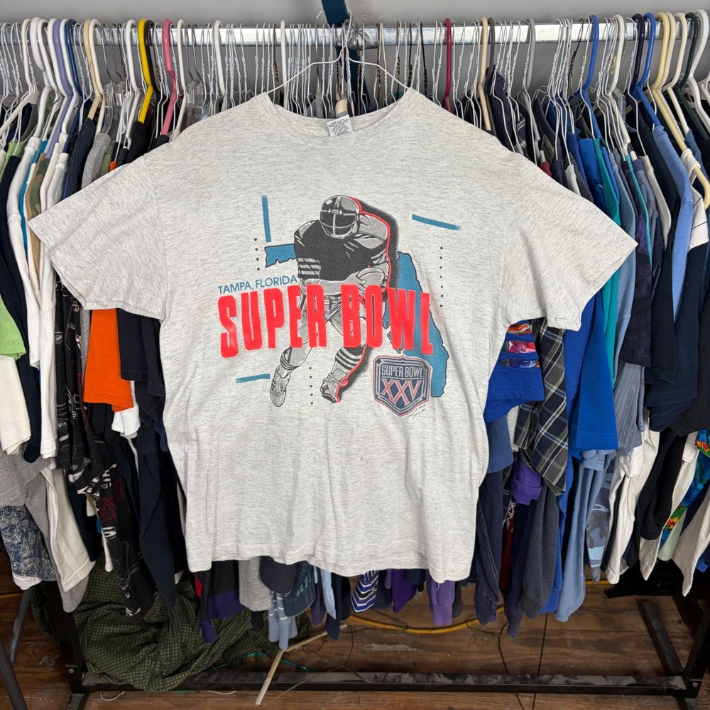 Vintage 1991 Super Bowl XXV Tampa Florida T Shirt Signal Mega-Tee Gray Mens M